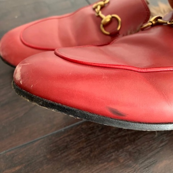 Gucci Red Leather Fur Princetown Mules Shoes 37 - Picture 6 of 6